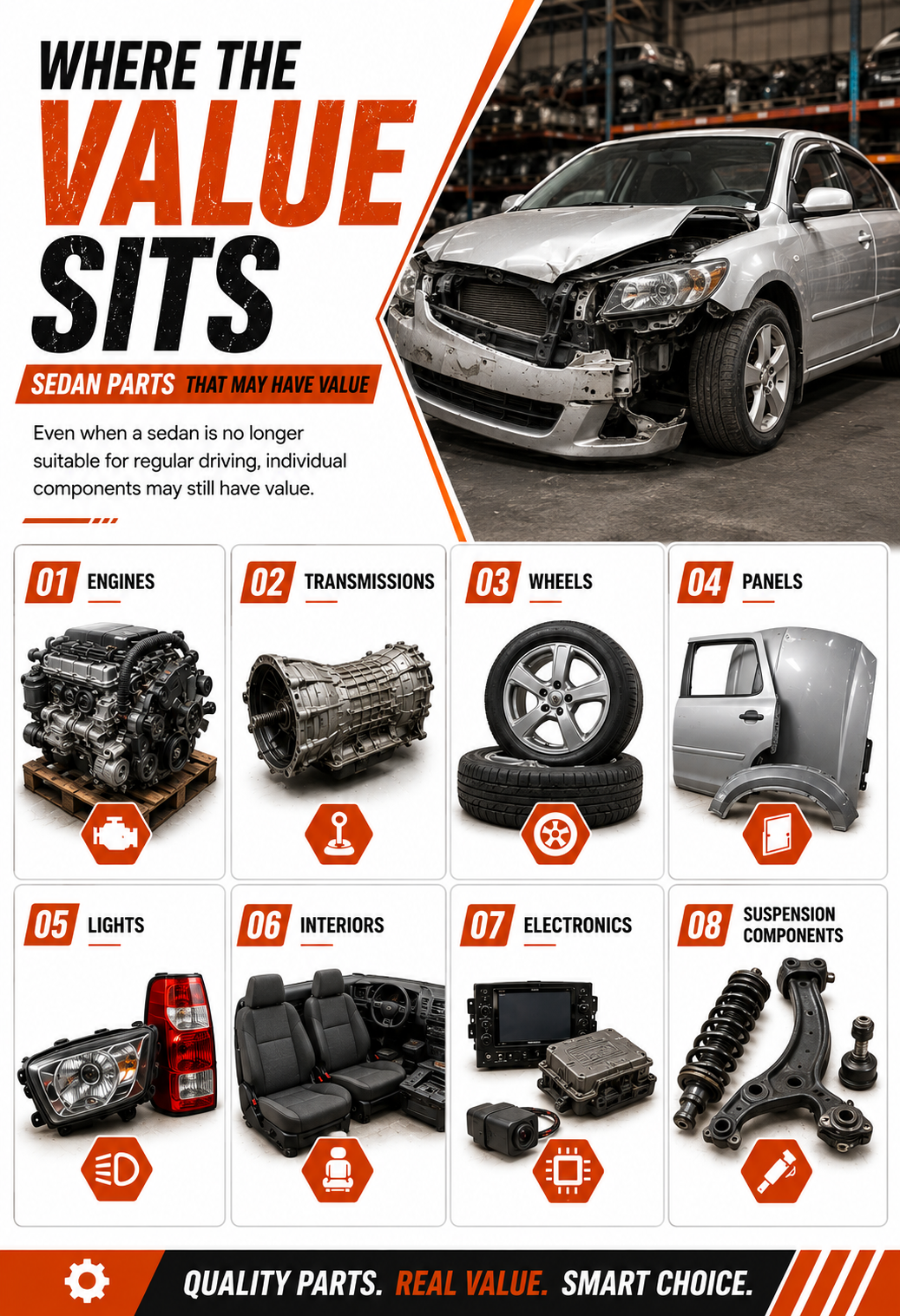 Reusable sedan vehicle parts