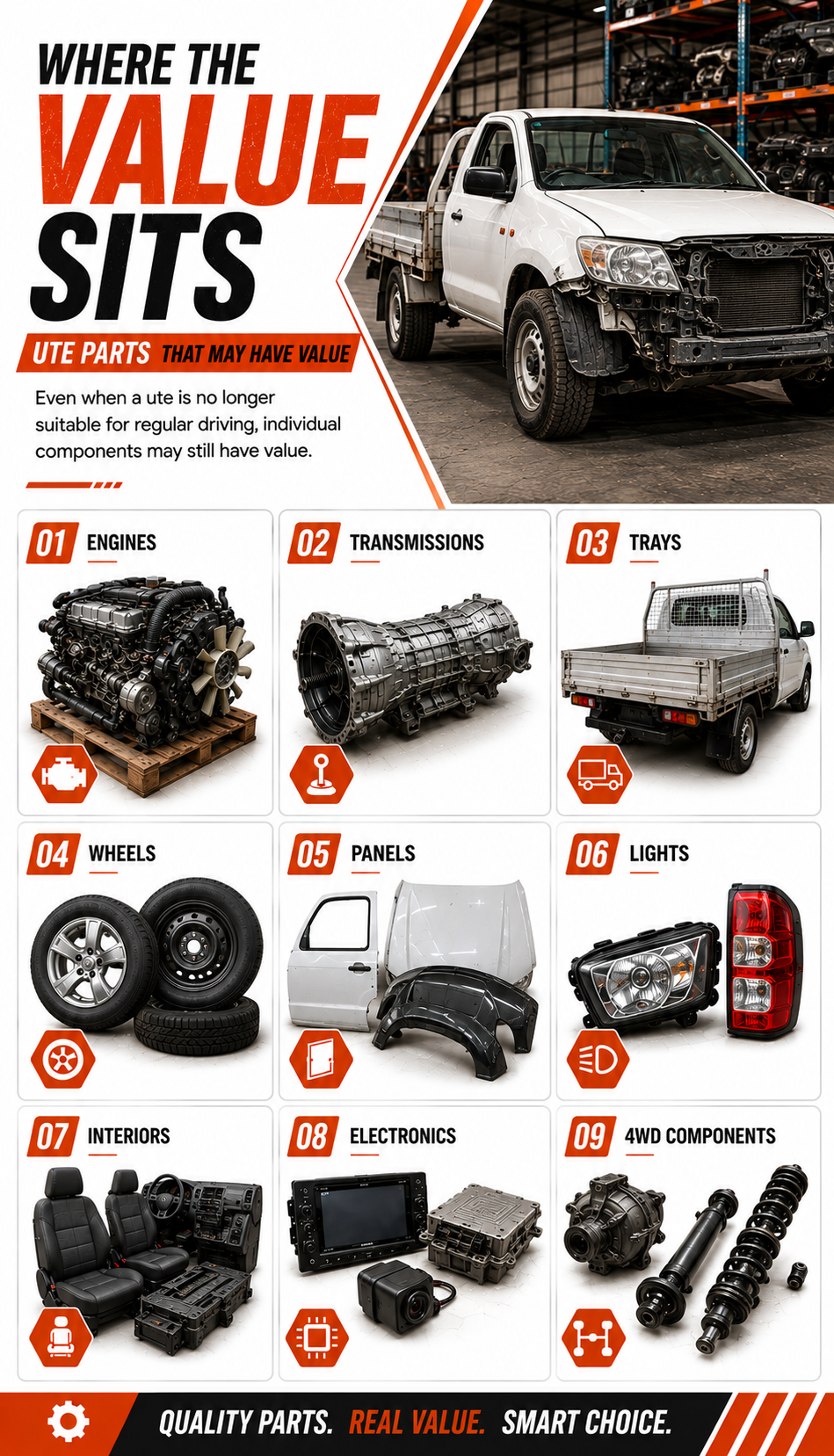 Reusable ute vehicle parts